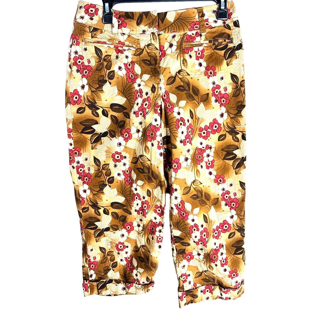 Tommy Bahama Capri Pants Women Size 8 Brown Pink Floral Crop Tropical Vacation